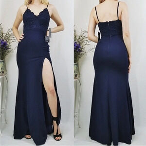 Lulus Navy Blue Crochet Lace Side Slit Leandra Maxi Dress Gown Size XS